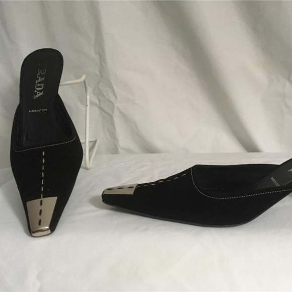 Prada Shoes - PRADA  Black Suede Silver Toe Mules Shoes 8.5